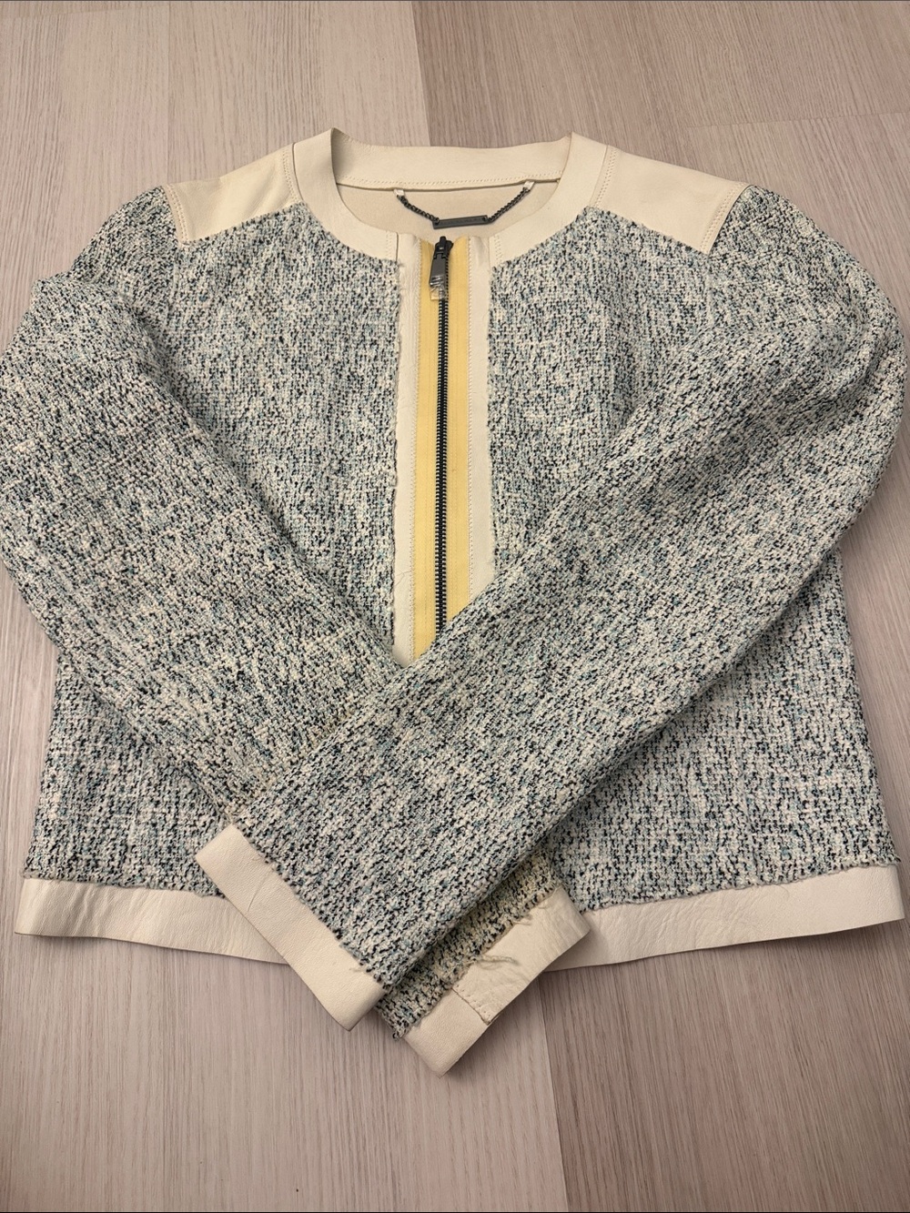 Elie Tahari Cream and Blue Tweed Zip-Front Jacket